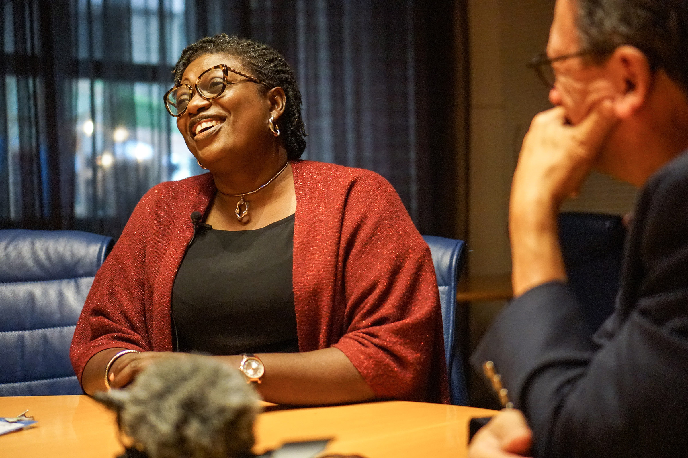Frank Sesno, right, interviews Patience Koku, the chief executive officer of Replenish Farms in Nigeria. A former fashion entrepreneur, Koku took up farming in pursuit of a more meaningful occupation.